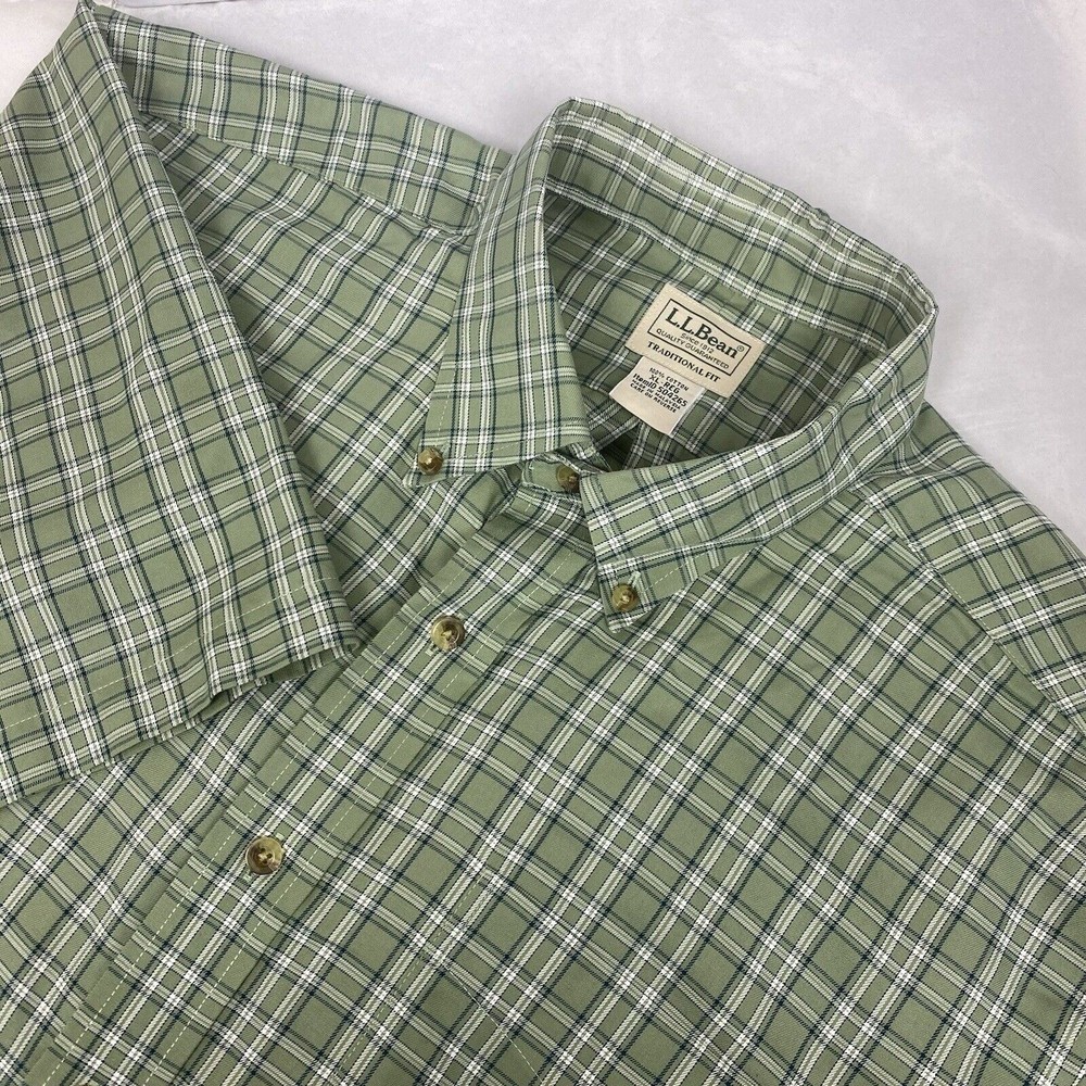 L.L.Bean Traditional Fit Men's Green Plaid Cotton Short Sleeve Shirt XL